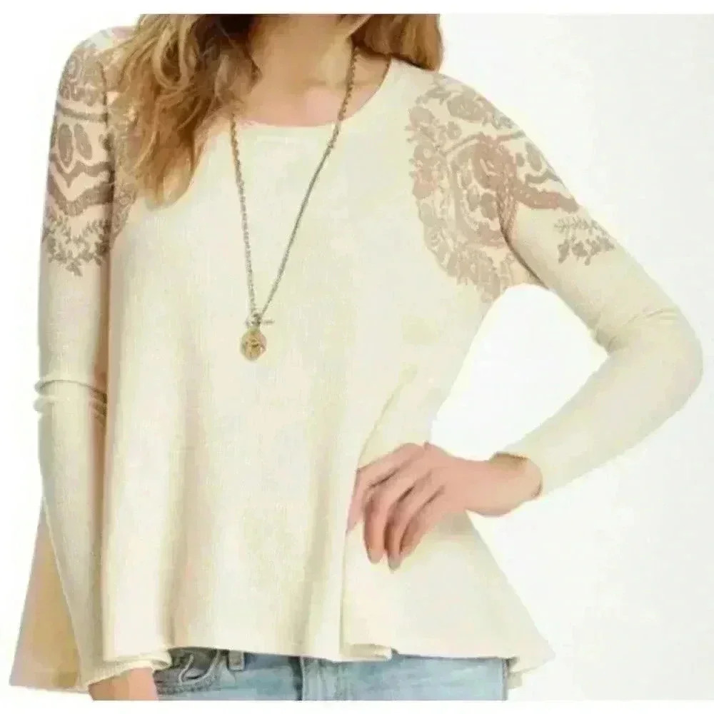 Free People We the Free Waffle Knit Print Boho Thermal Shirt Size Small